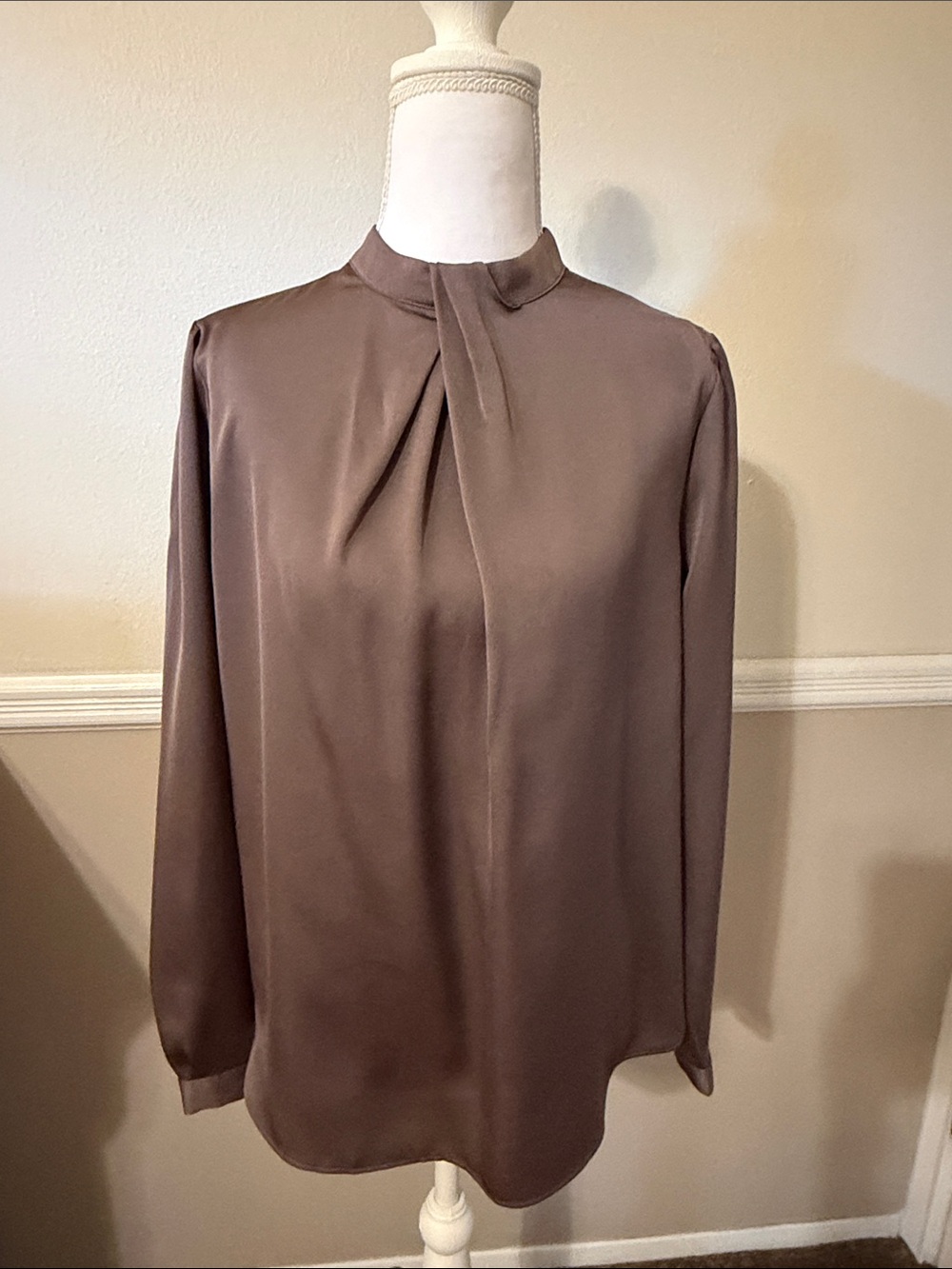 Ann Taylor Taupe Satin Mock-Neck Blouse